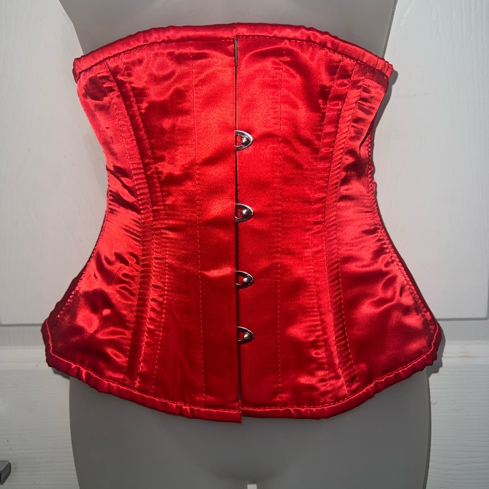 Red Satin Classic Underbust Corset 22 in closed by Miss Katie